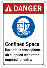 Confined space sign and labels hazardous atmosphere air supply respirator required for entry