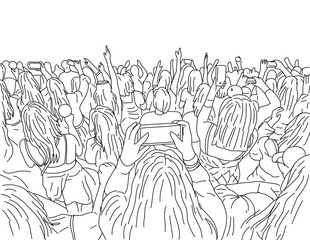 Line art drawing illustration of a large crowd of young people with cellphone or mobile phone at a live concert music event party festival on isolated white background done monoline style.
