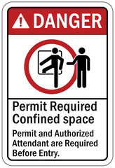 Confined space sign and labels permit required, permit and authorized attendant are required before entry