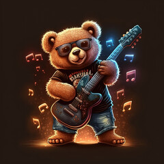 cute stylized cartoon teddy bear rock musician with glasses. generative AI	