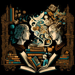 The Power of Literature: A Silhouette Illustration of Books and Thoughts