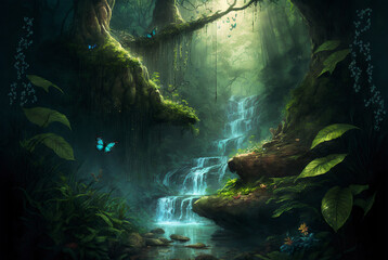 Fantasy forest or jungle with waterfall scene AI Generative