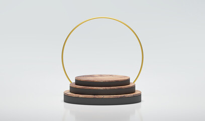 Scene with wooden and black podium and golden circle isolated on white background. Luxury minimal background. 3d rendering