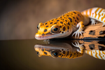 a close up of a leopard gecko on wood. Generative AI - obrazy, fototapety, plakaty