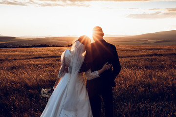The bride and groom hold hands and look to the future in the middle of nature, the newlyweds walk...