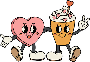 Candy heart and cup of coffee are hugging together. Happy and cheerful emotions. Old animation 60s 70s, funny cartoon characters.Trendy illustration in retro style. Vector on isolated background.
