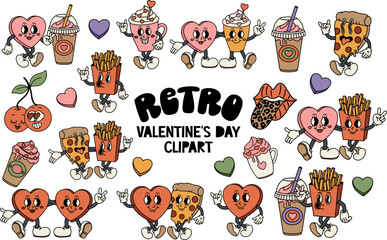 Valentine's Day set of funny vintage characters. Happy and cheerful emotions. Old animation 60s 70s, funny cartoon characters. Trendy illustration in retro style. Vector on isolated background.
