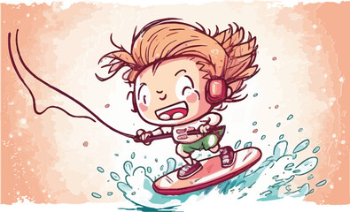 kinder, kinderbuch, cartoon, cute, kawaii, illustration, cat, kids, party, cheeky, kinderbild, herz, cat, comic, sport gemalt, glück, niedlich, wakeboard, lake, surfen, water, fun, wassersport, surf, 