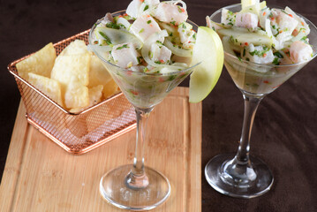 Ceviche dish of Peruvian and South American cuisine raw fish or shrimp marinated in lemon or lime juice or other citrus