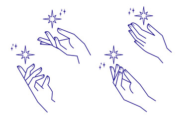 Aesthetic hands vector linear illustrations. Stylized elegant hand drawings with different gestures.