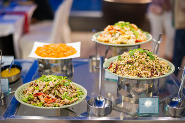 buffet food, catering food party at restaurant, mini canapes, snacks and appetizers