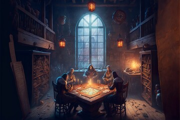 Roleplaying scenery in fantasy dungeon interior with characters playing tabletop rpg games
