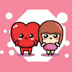 Cute chibi heart couple in love valentine kawaii illustration for valentines day