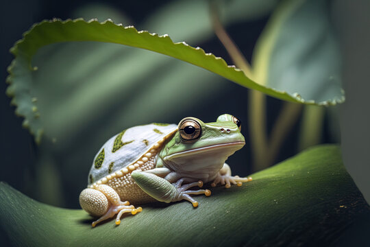 White tree frog from Australia with a snail on its head. Generative AI