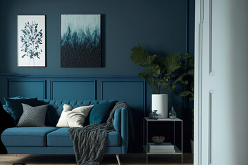 accenting the living area in rich, dark colors. Modern minimalist blue furniture and a trendy blue environment. painted blank wall for art. Mockup design for a living room or hallway. Generative AI