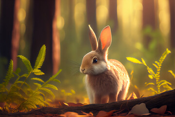 A rabbit is walking in the forest. Lovely rabbit. Beautiful old forest. Rabbit illustration. Generative AI.