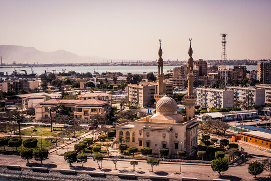 Mosque at the southern end of the Suez Canal as seen from a container ship's bridge wings.