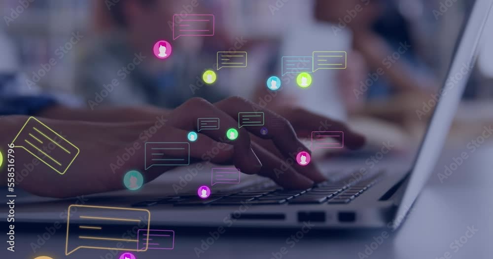 Poster animation of social media icons and data processing over woman using computer