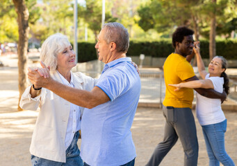 Carefree senior multiracial couples dancing in pairs outdoors while holding hands during sunny day at park