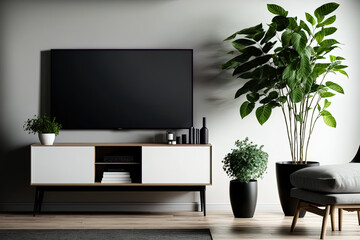 Fototapeta na wymiar Interior design of a living room with a smart TV. Generative AI