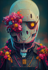 portrait of a cyberpunk skull robot covered with flowers