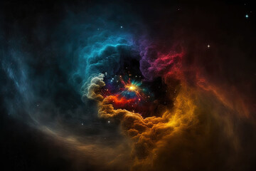 Fototapeta na wymiar dark background with multicolored fractal nebula dust. Generative AI