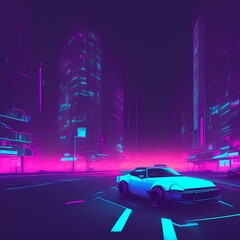 Fototapeta na wymiar a car driving down a city street in the neon light of the night time, with a futuristic city in the background Ai