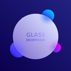 Glassmorphism effect background. Transparent matte glass circle with colorful spheres. Dark theme. Vector 