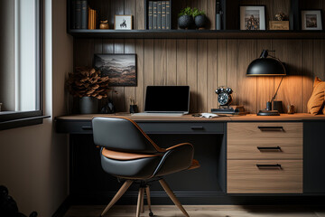 Simple wooden desk with drawers in the home office, together with a cozy chair, is lit from above. Generative AI