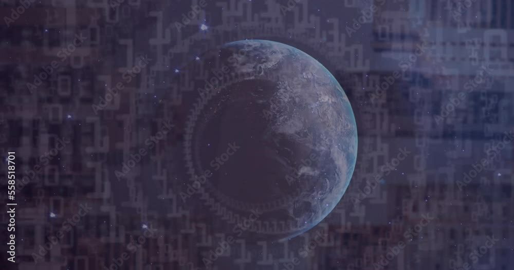 Poster animation of binary coding data processing over globe