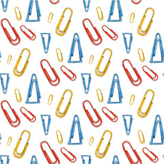 Watercolor illustration of a pattern of colorful paper clips. Collection of office tools. School supplies 