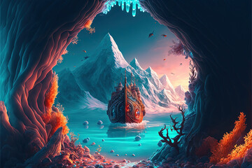 A magic ship sailing a teal ocean in front of a fantasy cave
