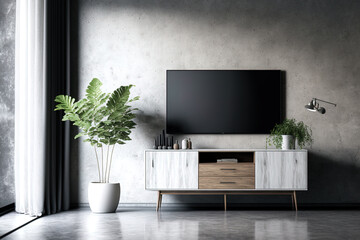 Mockup of a TV cabinet on a concrete wall in a living room. Generative AI