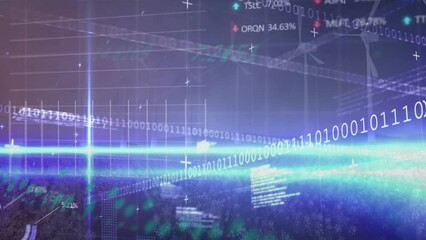 Animation of financial data processing and binary coding over wind turbines - Powered by Adobe