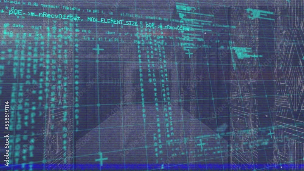 Poster animation of glitch technique, computer language and circuit board pattern on server room