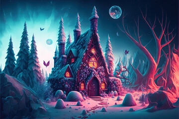 Fototapeta na wymiar Fantasy house in the winter mountains