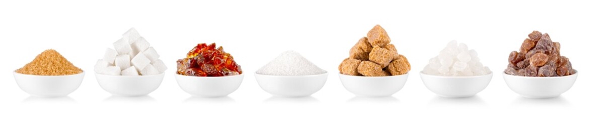 Set of of white and brown sugar isolated on white background
