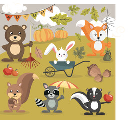 Autumn baby animals playing outside vector artwork