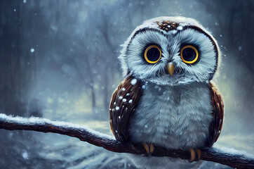Cute Owl in winter scenary