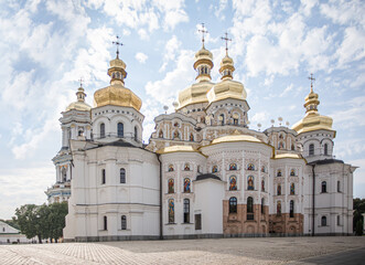 Fototapeta na wymiar Kyiv Pechersk Lavra, Holy Dormition cathedral. Main temple of Kyiv Monastery of Caves, Ukraine. Rear view, with old authentic masonry UNESCO World Heritage Site