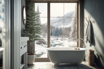 Bright new bathroom with large windows, bathtub and view of the snowy landscape, Scandinavian interior design, AI Generative
