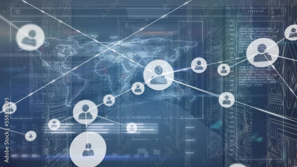 Wall mural animation of network of connections over data processing