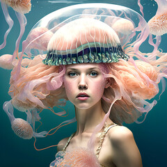 A jellyfish is not a fashion accessory , jellyfish with woman portrait, generative ai	
