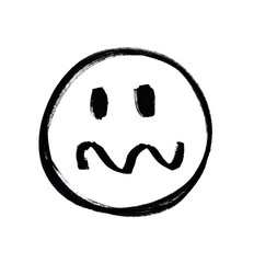 Scared face emoji. Worried, confused. Scary, tense. Drawing by hand, with marker pen, brush. Irregular shapes. Isolated on white background. Emoticon expression design illustration.