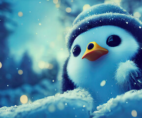 Cute Penguin in the Snow, penguin in winter landscape.