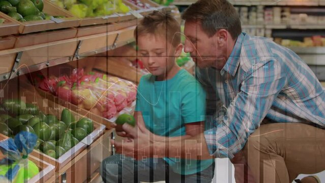 Animation of financial dat processing over caucasian man with son shopping