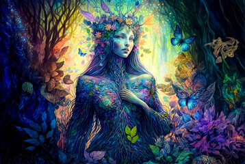 Fototapeta na wymiar Enchanted fairy in a fantasy magical forest with butterflies and magic flowers. concept art 