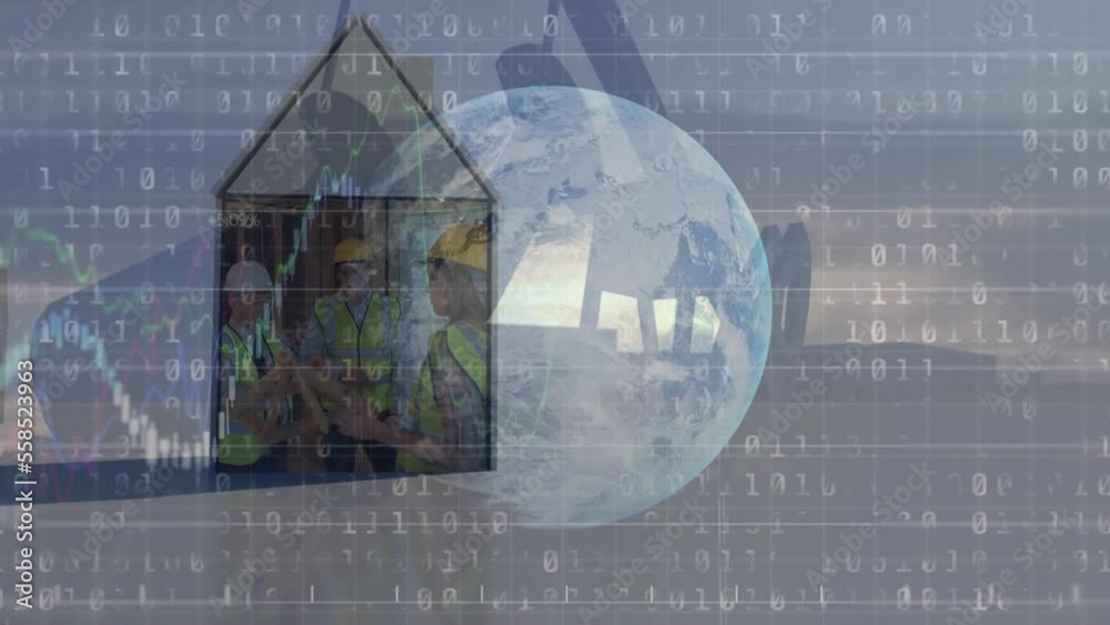 Poster animation of globe, binary coding and data processing over house