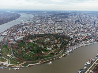 Drone view: The Belgrade city view from above the old Kalemegdan fortress, Serbia