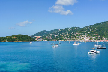 Fototapeta na wymiar Catamarans in the harbor of Charlotte Amalie (from Havensight) at St. Thomas US Virgin Islands